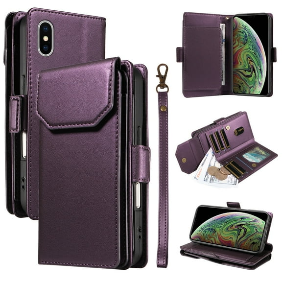 Compatible with iPhone XS/X Case Wallet with Strap RFID Blocking Card Holder, Multifunctional Wallet Purse Handbag Premium PU Leather Magnetic Flip Kickstand Phone Case,Purple