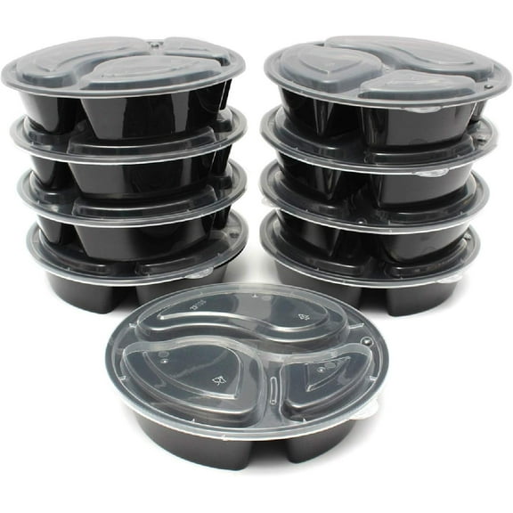 50pcs 48oz Meal Prep Round Containers 3 Compartment w/Lids Food Storage 25 set