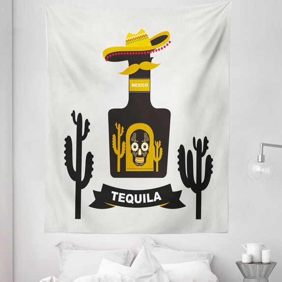 Tequila Tapestry, Sugar Skull on Bottle with Sombrero Hat Cactus Silhouettes, Fabric Wall Hanging Decor for Bedroom Living Room Dorm, 5 Sizes, Grey Yellow, by Ambesonne