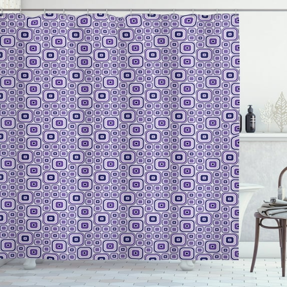 Retro Shower Curtain, Funky Geometric Tile Pattern with Moire and Beveled Square Modules Repeating Print, Fabric Bathroom Set with Hooks, 69W X 75L Inches Long, Multicolor, by Ambesonne