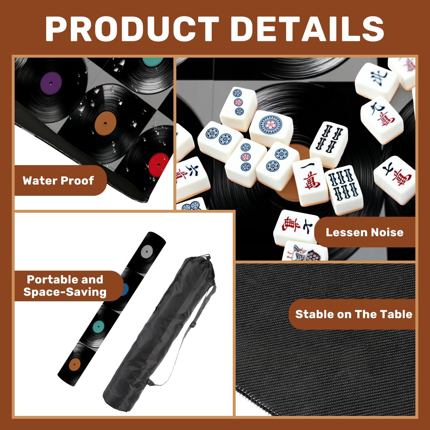 Mahjong Mat 31.5" x 31.5" Simple geometric seamless vinyl records Vintage musical Non-Slip Noise Reduction American Mahjong Tiles Table Cover for Dominoes Poker Card Board Games Gift