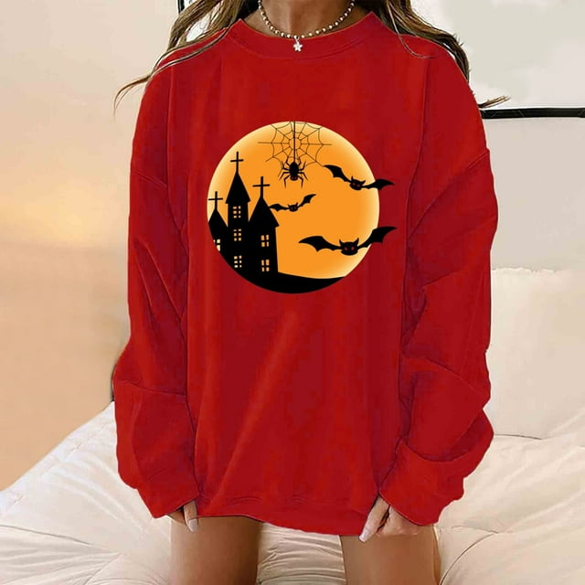 Chandails à Capuchon de Mode pour Femmes 2023 Classique Imprimé d'Halloween Col Rond Manches Longues Chandail en Molleton Ample Hauts 50 % de Rabais Liquidation Costumes d'Halloween/noël