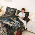 thumbnail image 3 of Metsweet Jungle Animal T-Rex Queen Sheets 4 Pieces, Maple Leaves Dino Queen Sheet Sets, Blue Green Red,1 Fitted Sheet, 1 Flat Sheet and 2 Pillowcases, 3 of 5