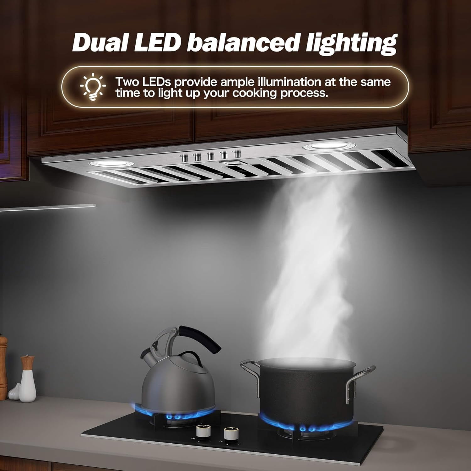 Range Hood 20 inch Built in Range Hood 600 CFM Vent 3-Speed Non-Ducted Integrated Cabinet Ducted/Ductless Convertible Ultra-Quiet Built-in Kitchen Exhaust Hood with Dishwasher-Safe Filter, 3-Speed