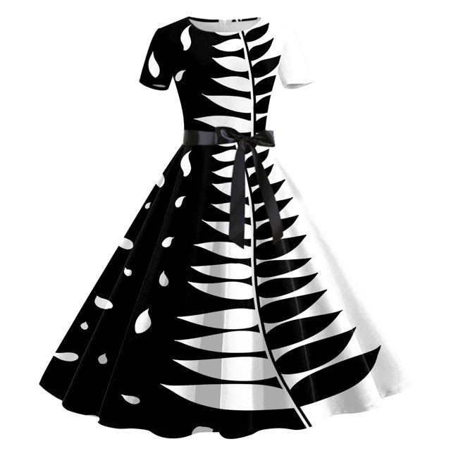 WILLBEST Robe de Soirée Femme Imprimée Col Rond Manches Courtes Années 1950 Soirée Bal