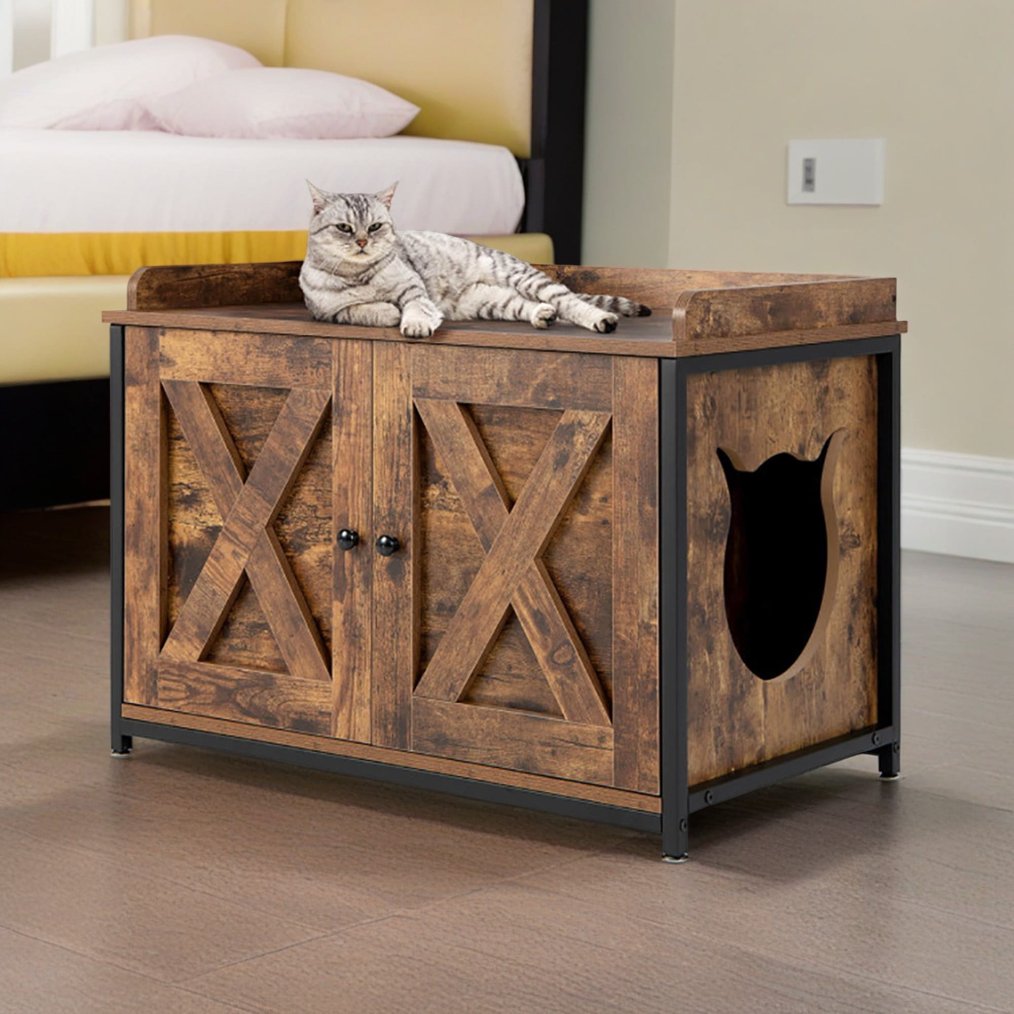 resenkos 31" Cat Litter Box Enclosure, Hidden Litter Box Furniture, Wood Cat House Washroom Cabinet Fit for Most of Cat and Litter Box, Brown