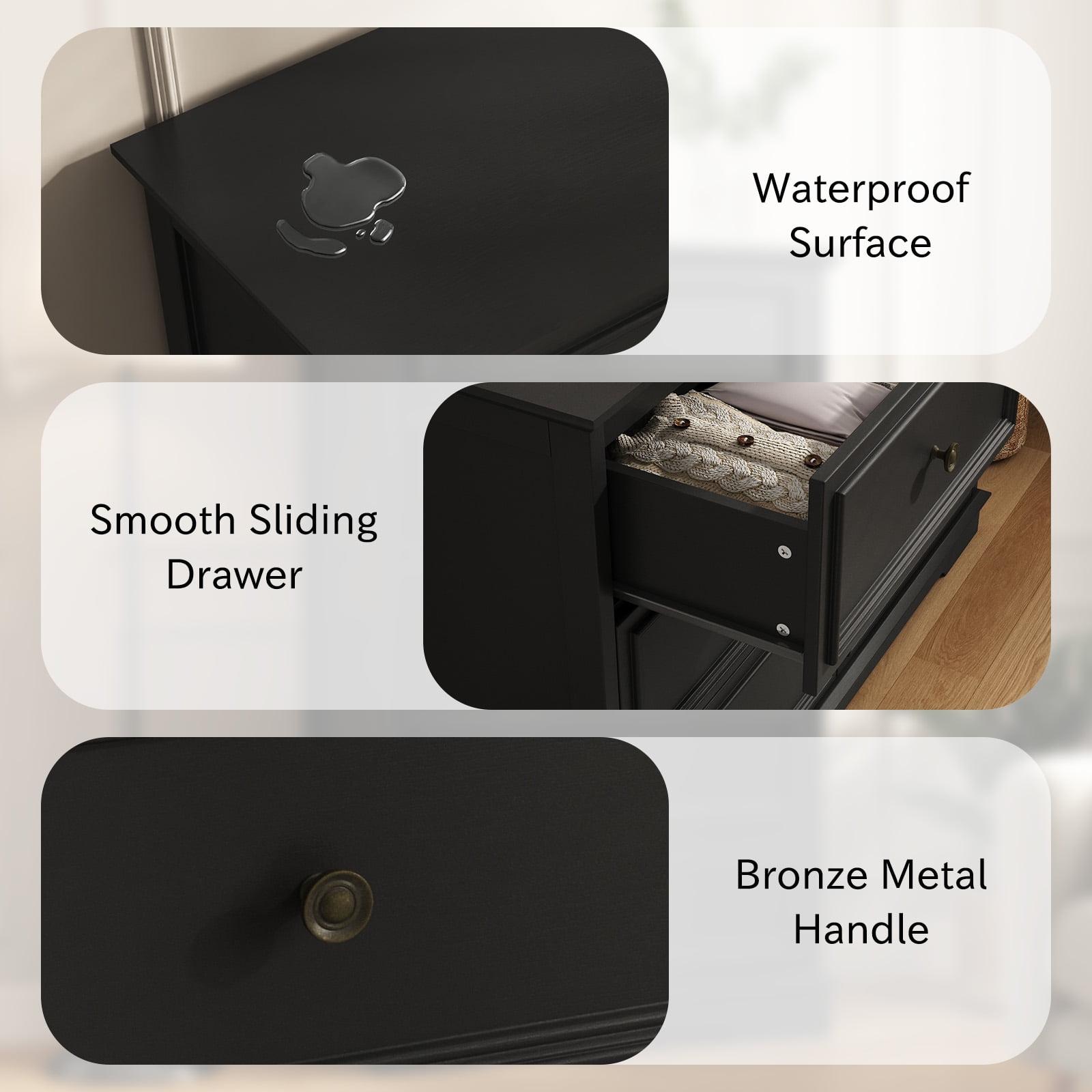 5 Drawer Dresser for Bedroom, Retro Wood Storage Cabinet with Antique Bronze Round Handles, Vintage Chest of Drawers with Solid Base for Living Room, Hallway, Entryway, Guest Room, Black