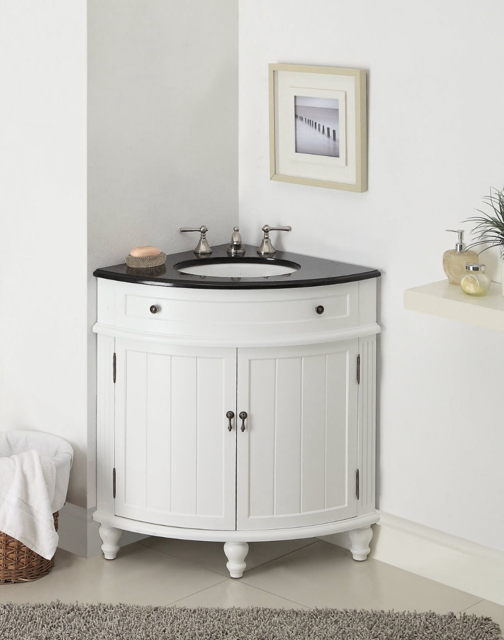 Tennant Brand 24" White Corner Bathroom Vanity with Black Granite Top