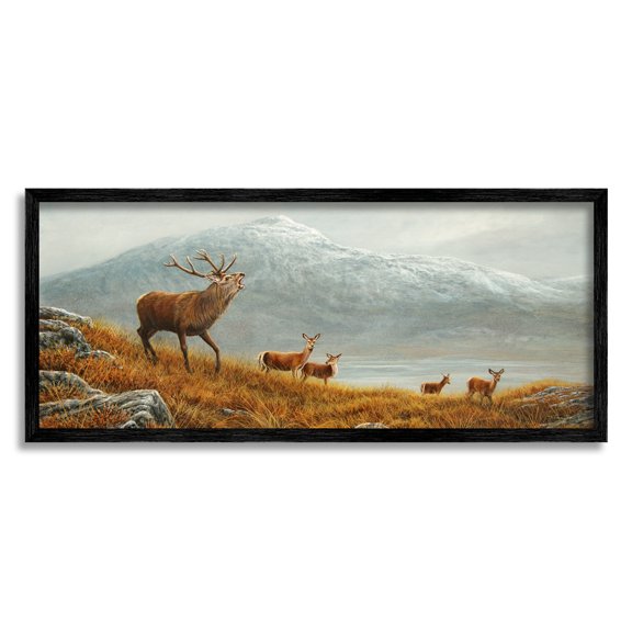 Stupell Industries Deer Herd Mountain Landscape Animals & Insects Painting Black Framed Art Print Wall Art