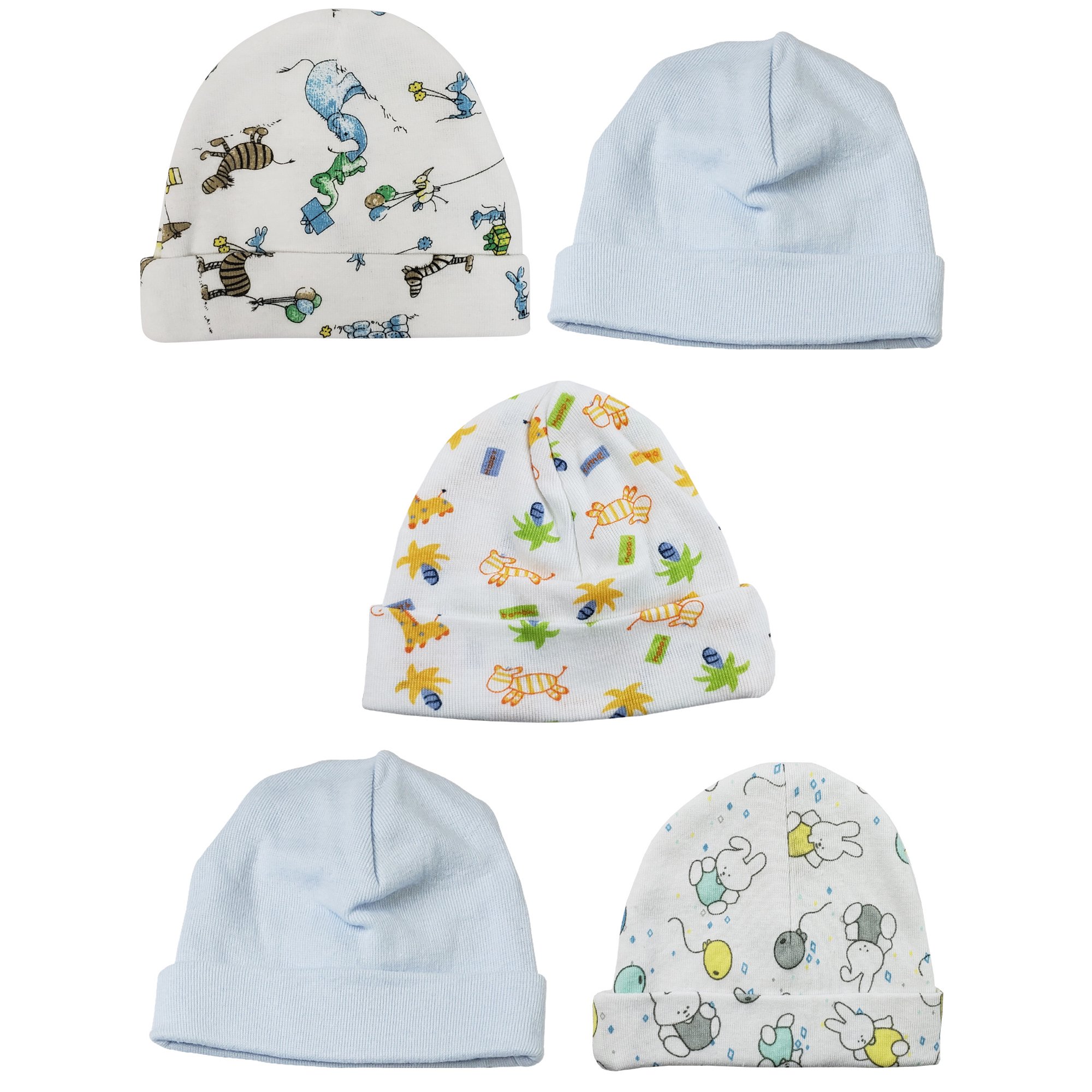 Set of 5 Blue Solid and Cartoons Designed Assorted Cotton Baby Boy Beanie Caps 8