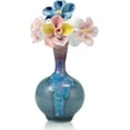 thumbnail image 1 of Small Ceramic Lake Blue Long-Neck Wide-Mouth Pottery Vase with Five Ceramic Flowers, 1 of 8