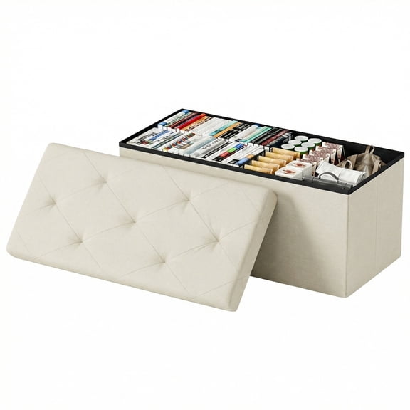 EDX Multi-functional 30 inch Folding Storage Ottoman Bench, End of Bed Foot Rest Stool with Padded Seat, Bedroom Bench for Living Room, Holds up to 660 Lbs, Beige
