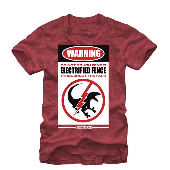 Men's Jurassic World Warning Electrified Fence  Graphic Tee Red Heather 2X Large