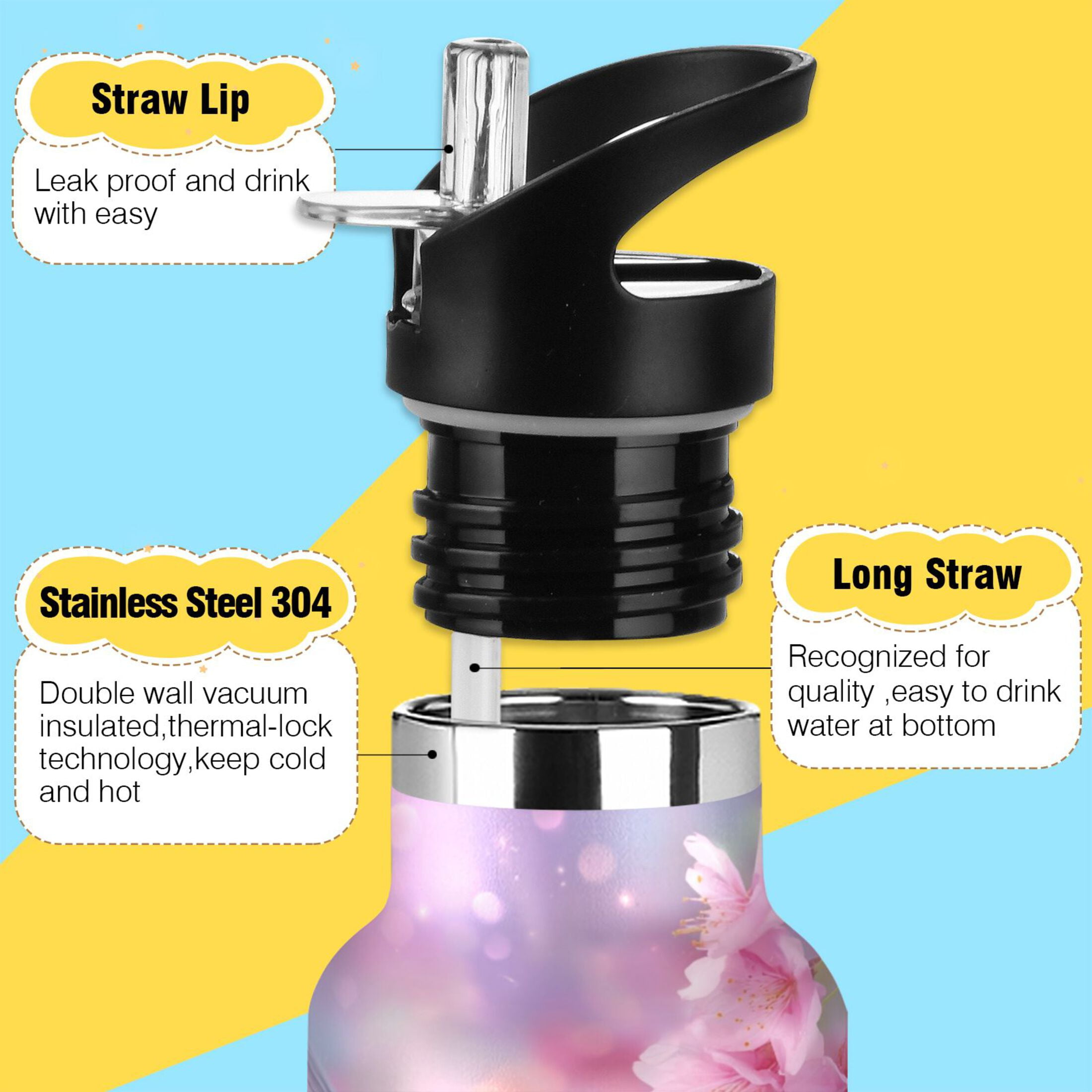 Kids Insulated Stainless Steel Sports Water Bottle 600ml (20oz) Beautiful Pink Hummingbird