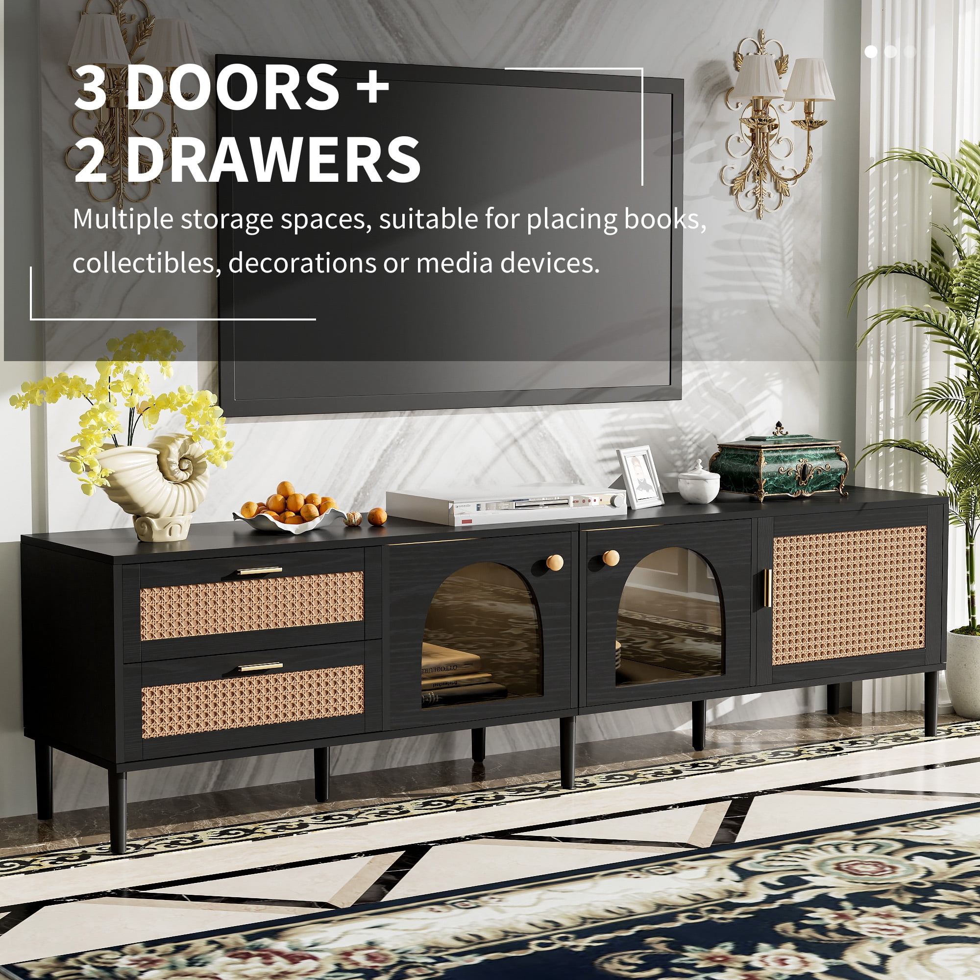 Euroco Rattan TV Stand for TVs up to 80", 70.8" Media Console with Drawers and Cabinets, Boho Entertainment Center with Storage, Sturdy Wooden TV Cabinet for Living Room, Natural Finish