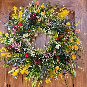 Spring and Summer Wreaths for Front Door, Weather Resistant Green Year-Round Wreath, Rural Indoor and Outdoor Decoration Wild flower Wreath,20 inch