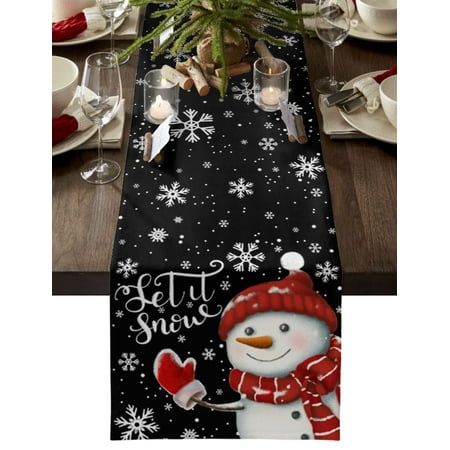 

Christmas Snowman Table Runner Xmas Winter Snowflake Classic Black Tablerunners 13 x 60 Inch Table Decorations Tabletop Scarf for Summer Gathering Holiday Farmhouse Kitchen Dining Decor