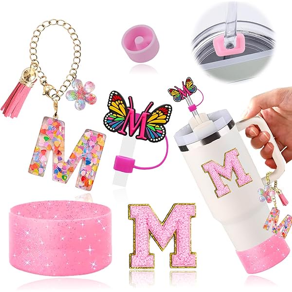 wonima44 Stanley Cup Accessories Set of 6 PCS, Pink Glitter Letter Theme with Keychain, Butterfly Straw Topper, Silicone Boot, Patch & Cup Decor Kit,Water Bottle Carrier Set (Tumbler Not Included)