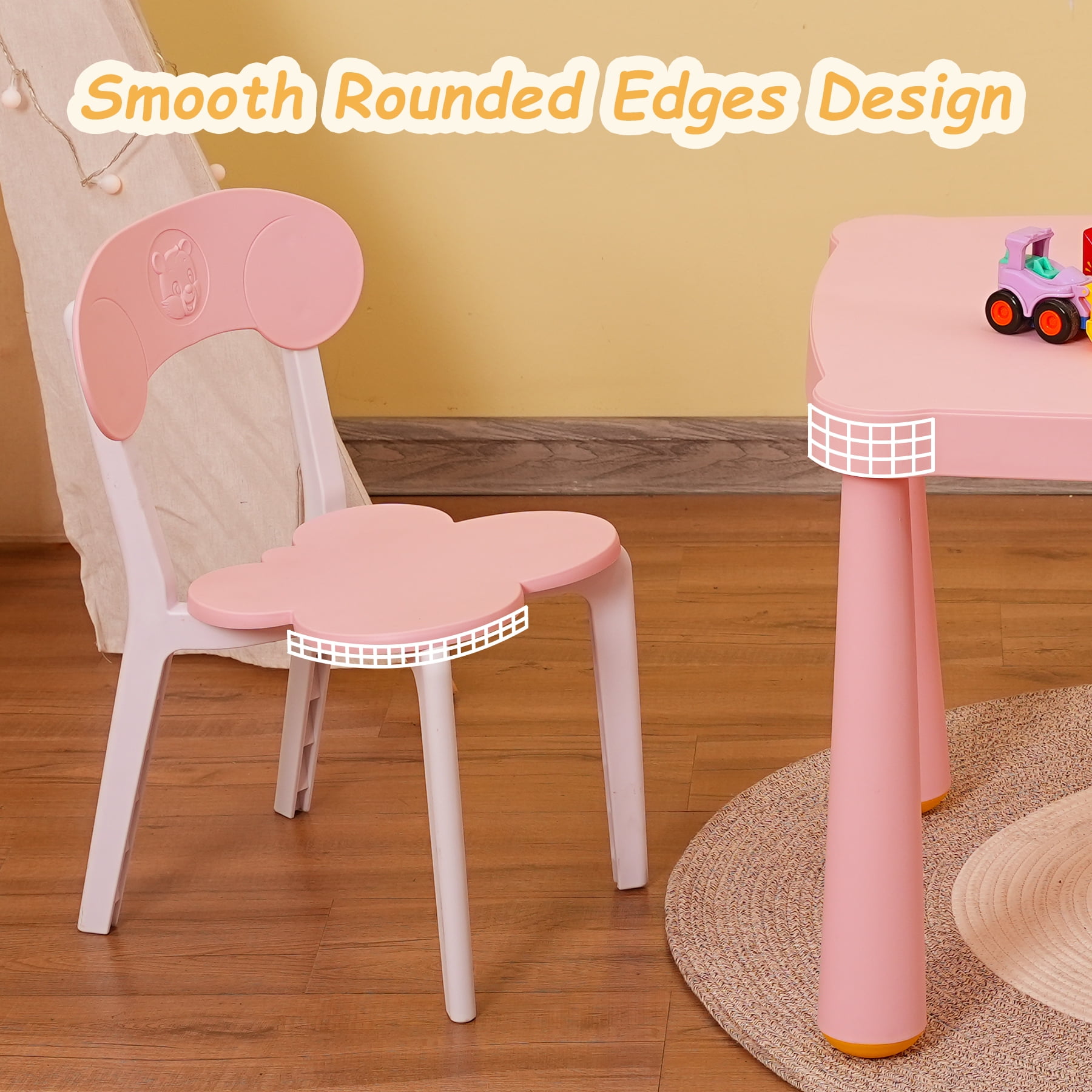 Domi Kids 3 Piece Plastic Toddler Table and Chair Set, Children Activity Table(White/Pink)