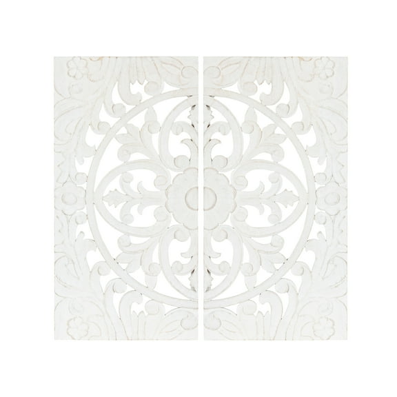 Kate and Laurel Saanvi Traditional Carved Wood Art Plaque Set, 2 pc, White, Wooden Wall Art with Dimensional Hand-Carved Design for Bedroom or Living Room Decor