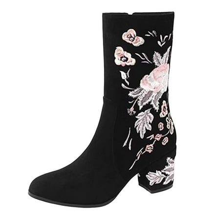 GHSOHS Boots for Women Knee High Boots Ankle Booties Shoes Brown Cowgirl Boots Retro Embroidered Single Boots Thick Heels High Heels Side Zipper Embroidered Mid Calf Western Cowgirl Boots Size 40