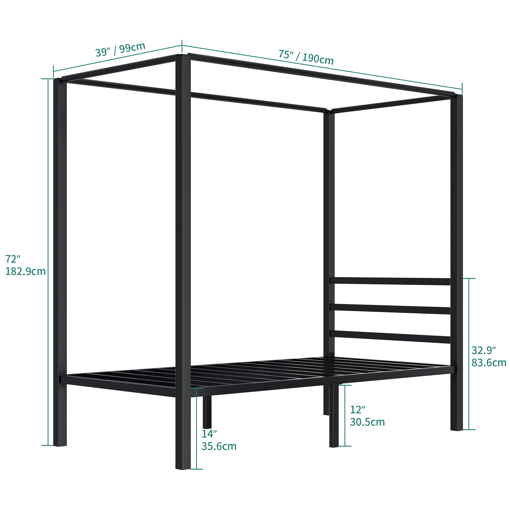 Dextrus Metal Canopy Bed Frame 14" Platform with Headboard Strong Metal Slat Support Mattress Foundation, No Box Spring Needed, Black, Twin Size