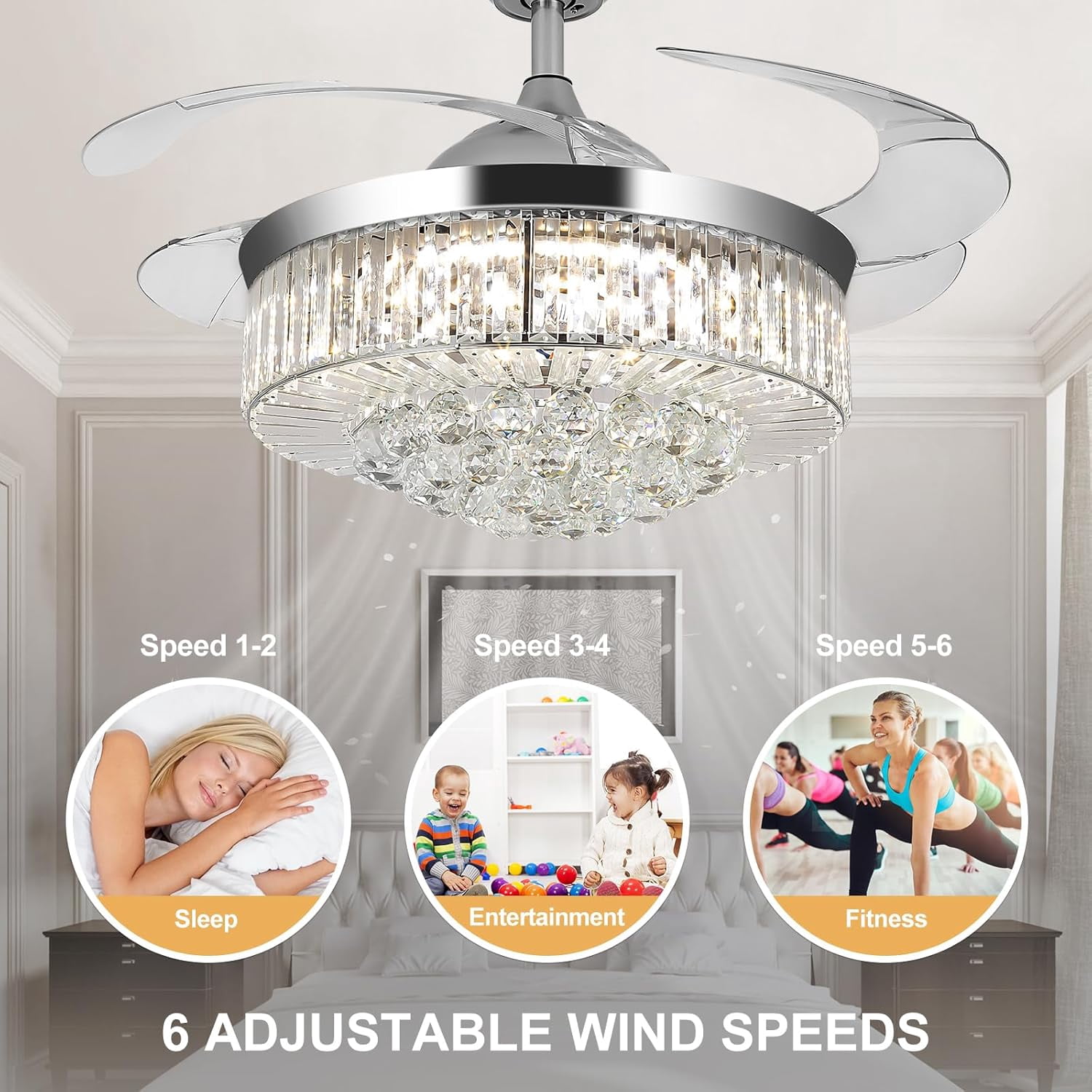 42-Inch Ceiling Fan Light with remote control, 3 colors and 6 speeds, modern indoor recessed ceiling fan light suitable for living room, bedroom and dining room (Silver).