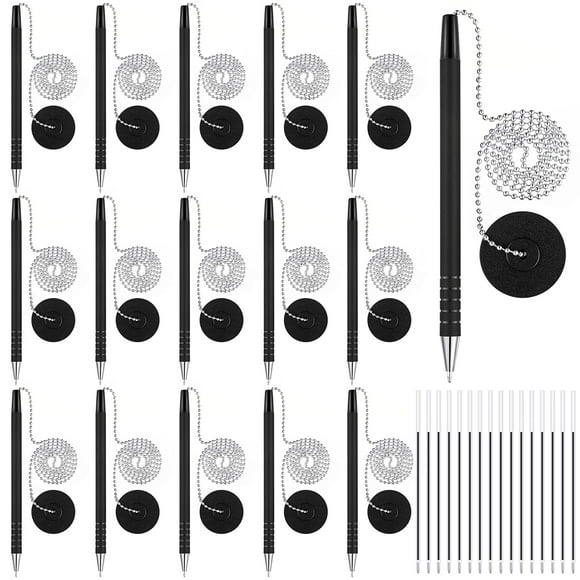 Security Pen Set with Bead Chain and Pen Holder, Desktop Pens with Chains, Blank Ink Refills for Office Bank Supplies, Black (64 Pieces)