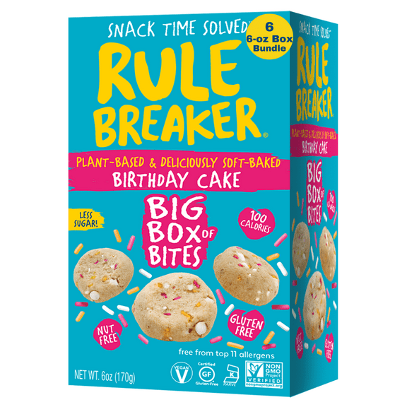 Rule Breaker Snacks Birthday Cake Bites 6-Box Bundle | Vegan, Gluten-Free, Nut-Free, Top 11 Allergen-Free | 6 6-oz Boxes