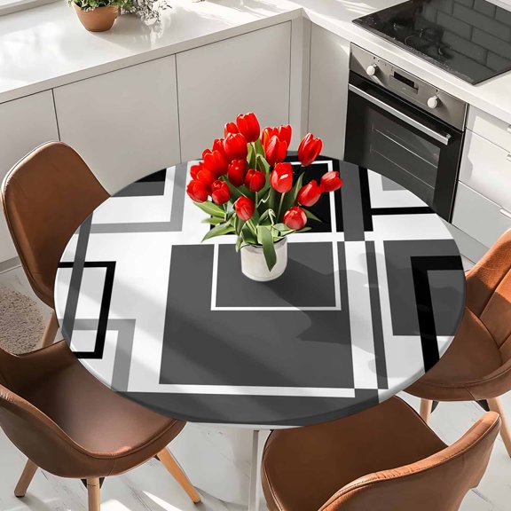 Gray Geometric Elastic Fitted Round Tablecloth Black Abstract Lines Waterproof Outdoor Table Cover for Holiday Party, Picnic, Patio & Dining Fits Tables Up to 45"-54"