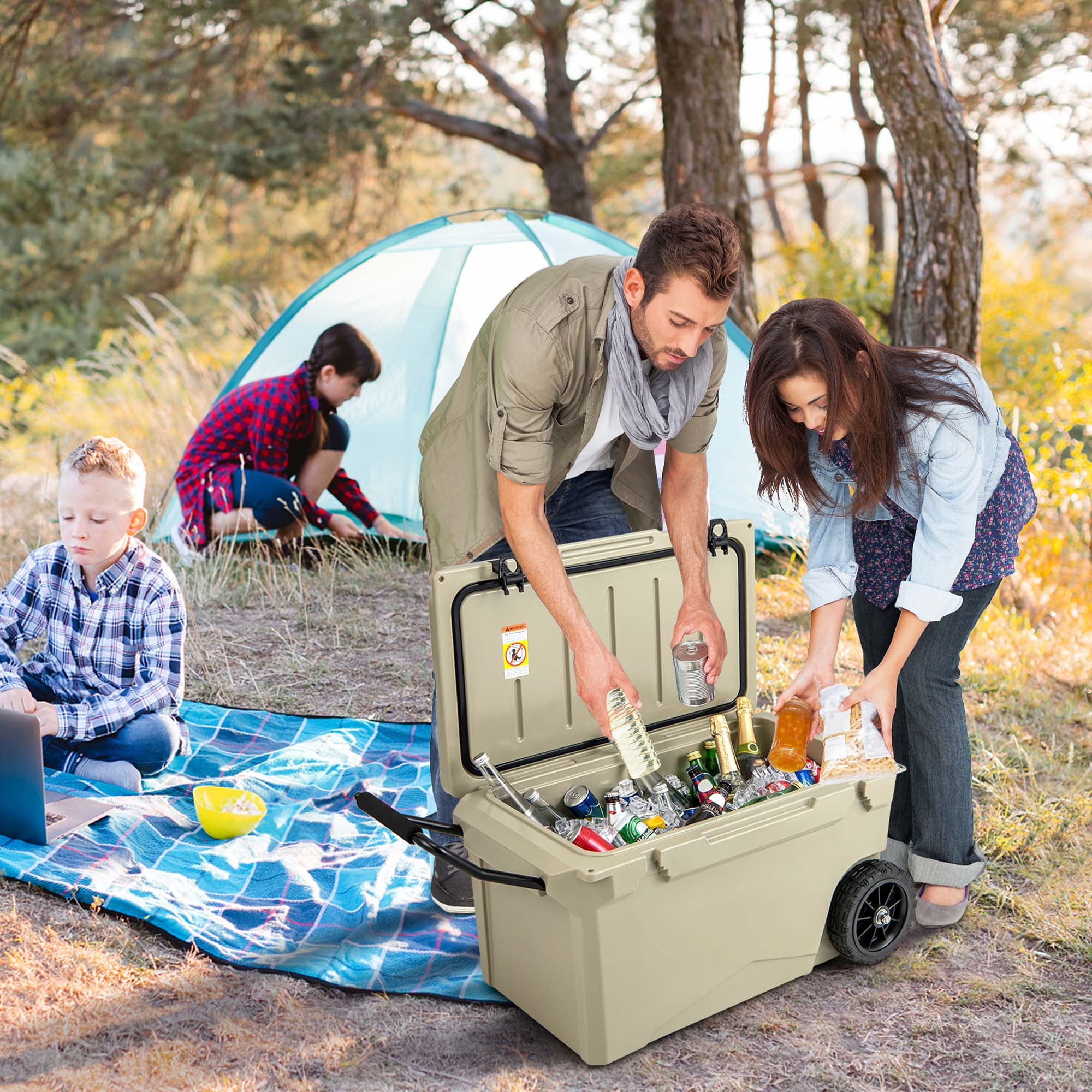 Costway 75 Qt Portable Cooler Roto Molded Ice Chest Insulated 5-7 Days with wheels Handle Tan