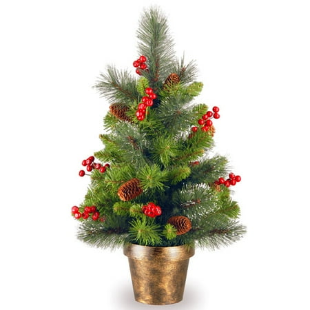 Red Glitter Tree - National Tree Unlit 2' Crestwood Spruce Small Artificial Christmas Tree with Silver Bristle, Cones, Red Berries and Glitter in a Bronze Plastic Pot