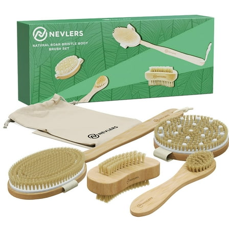 Nevlers Natural Boar Bristle Dry Body & Nail Brush Set | Exfoliate, Massage, Rejuvenate