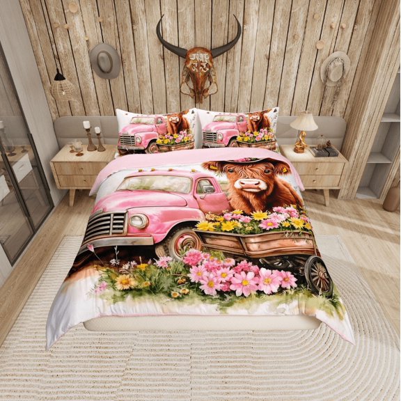 Erosebridal Kawaii Highland Cow Comforter Cover Twin, Pink Farm Truck Bedding Twin Size, Flower Floral Cowgirls Bedroom Decor, Reversible 2-Piece (No Comforter)