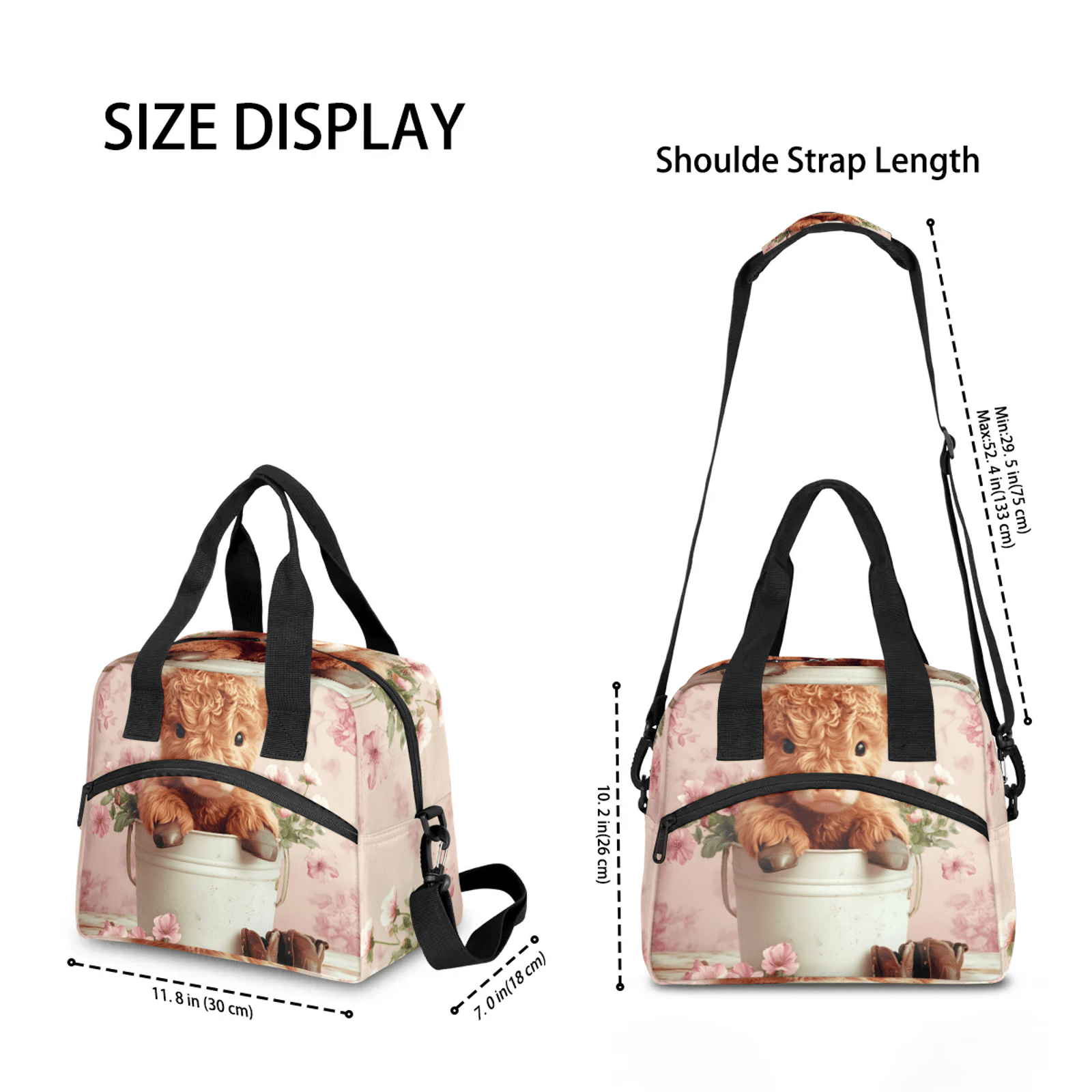 Herdesigns Pink Lunch Bag for Men Women Adults Highland Cow Insulated Lunch Box Leakproof Cooler Tote Bag Organizer with Adjustable Shoulder Strap