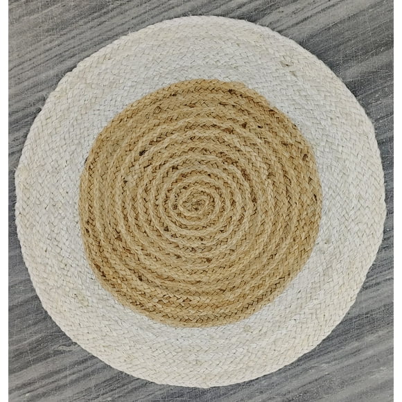 Tapis en Jute Naturel Tressé à la Main Indien avec Motif de Boîte Blanc, Tapis de Décoration pour la Maison, Tapis en Jute pour Chambre, Salle à Manger, Salon, Paillasson Taille - 8 Pieds Rond (240 cm x 240 cm)