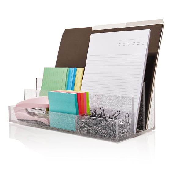 Acrylic Desk Organizer for Office Supplies and Desk Accessories, 12.5” x 5.5” x 4” and 5mm Acrylic Valet to Organize Documents, Mail, Paper Clips, Sticky Notes, Tablet, Other Storage (Clear Glitter)