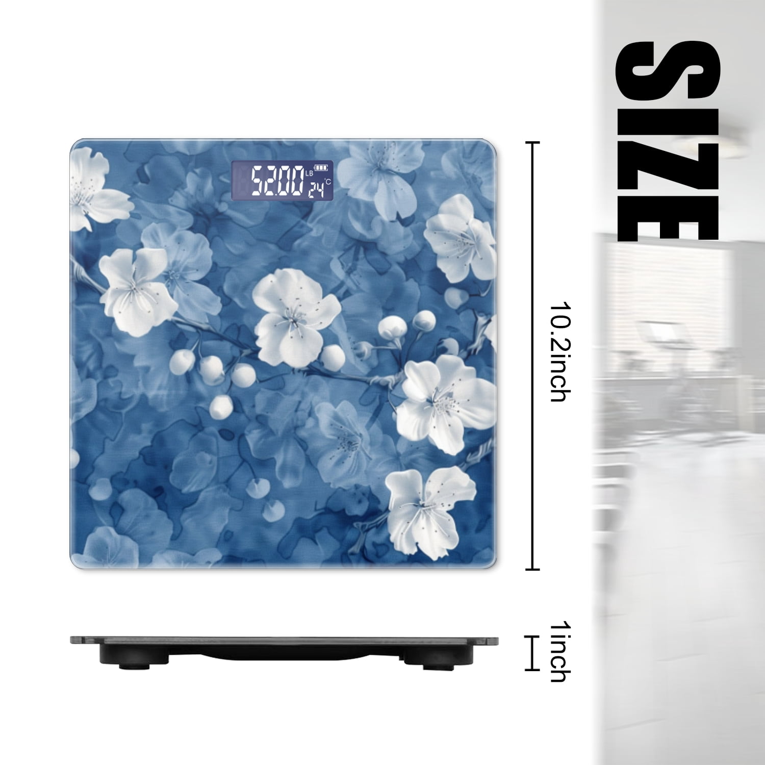 Bathroom Scale, Highly Accurate Digital Body Scale,Precisely Measures Weight up to 400 lbs-Blue Background With White Flowers