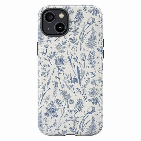 Blue Botanical Toile Phone Case – Elegant Floral Pattern in Vintage Sketch Style | Aesthetic iPhone Cover | Compatible with iPhone 16 15 14 13 12 11 Pro Max
