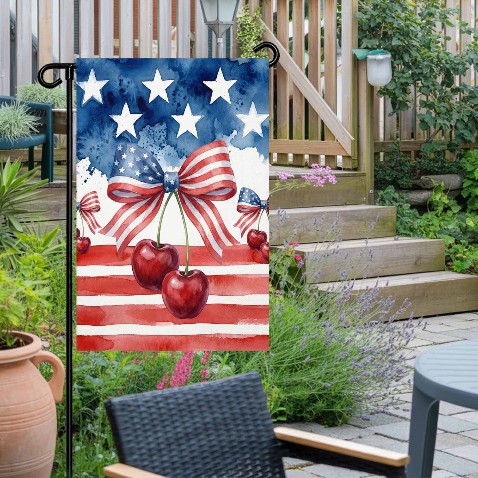 4th of July Garden Flags Patriotic Star Stripes Garden Flag Double Sided Welcome Flag Bow Tie Cherry Independence Day Yard Flags for Outdoor Lawn Porch Memorial Day Seasonal Holiday Decor 28x40 Inch