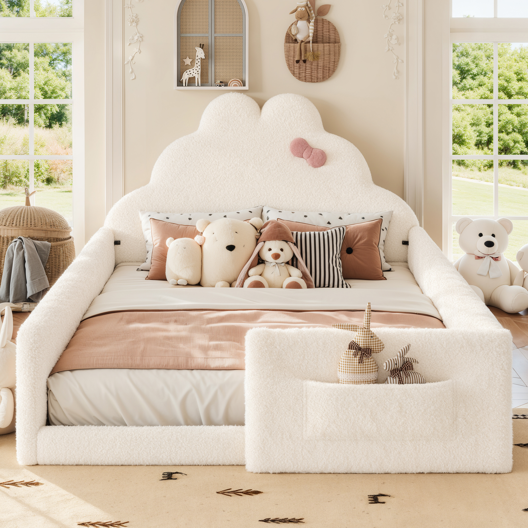 HOQBN Full Size Upholstered Floor Bed Frame, Soft Padded Upholstered Kids Bed, Safe Children Bed Frame with Side Storage Pocket for Bedroom Beige