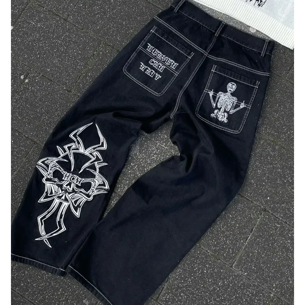 Pantalones vaqueros holgados de cintura baja con estampado de calaveras y bolsillos estilo Harajuku de High Street, pantalones anchos negros lavados con estilo hip hop Y2K para patinetas