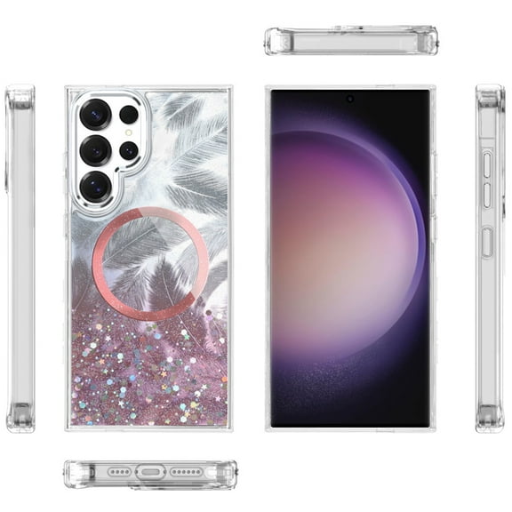 For Samsung Galaxy S23 Ultra Case, Epoxy Glitter Shimmer Fashion Case with Magnetic Magsafe Compatible Hybrid Sparkling Slim Protective Phone Cover (Light Pink)