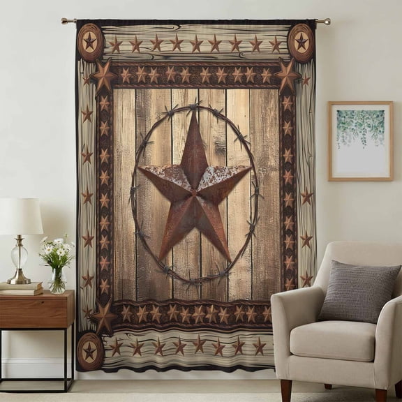 Western Farmhouse Sheer Curtains 54 Inches Long, Primitive Rustic Country Retro Texas Star Light Filering Curtains, Breathable Simi Curtain Privacy Drapes for Kitchen Bathroom Small Window Treatment