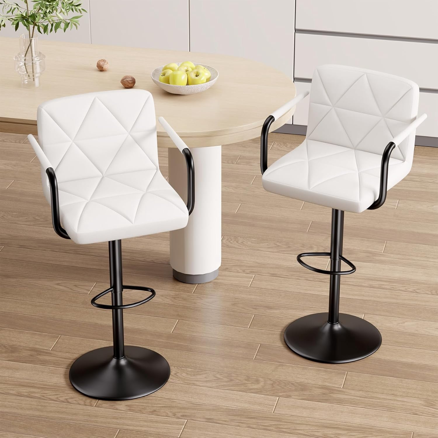 Hawsaiy Modern Bar Stools Set of 2, PU Leather Adjustable Swivel Bar Chairs with Armrests and Back, Hydraulic Counter Height Stools with Footrest for Kitchen Island, Dining Room, Bar, White