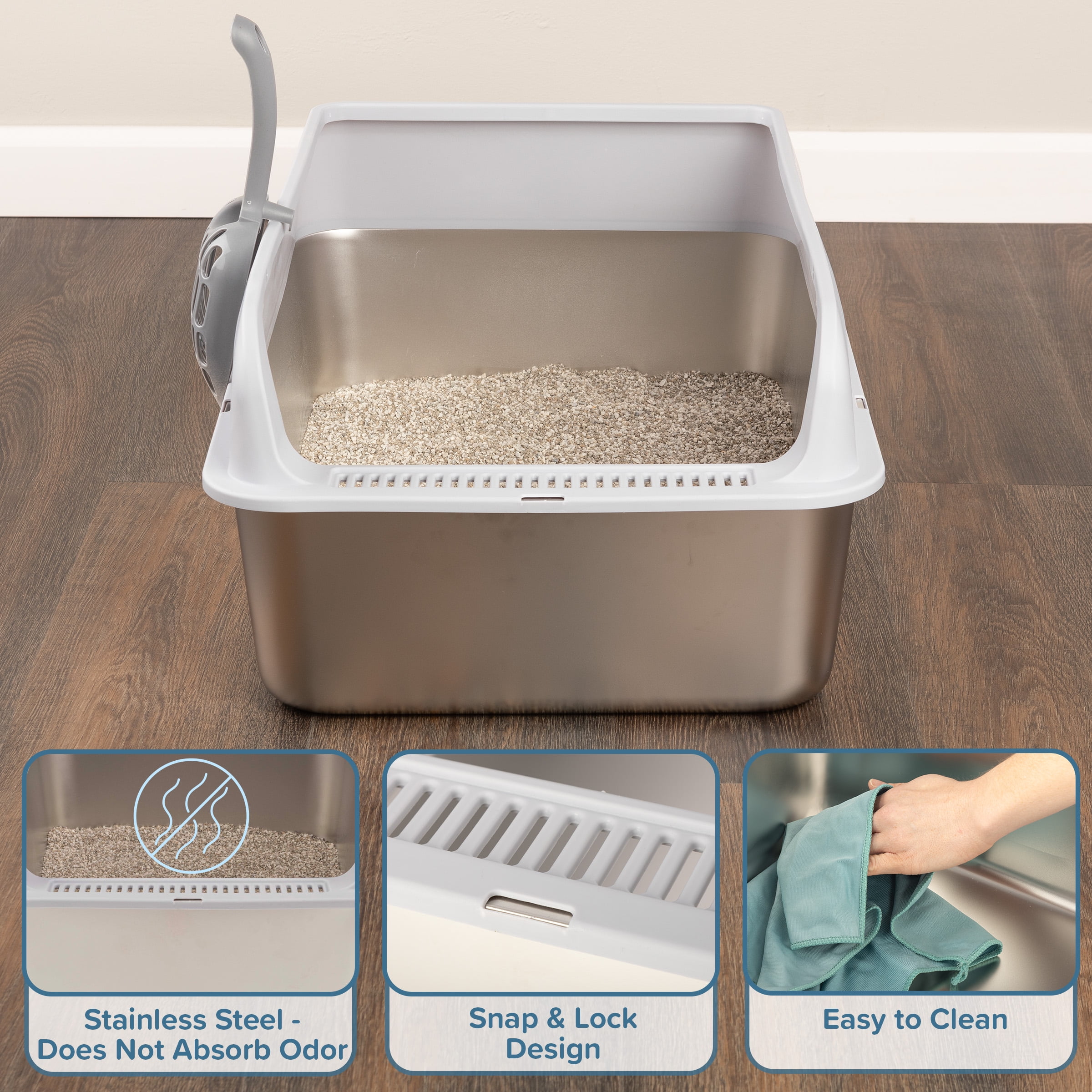 PETMAKER Stainless Steel Cat Litter Box with High Sides and Scoop Included