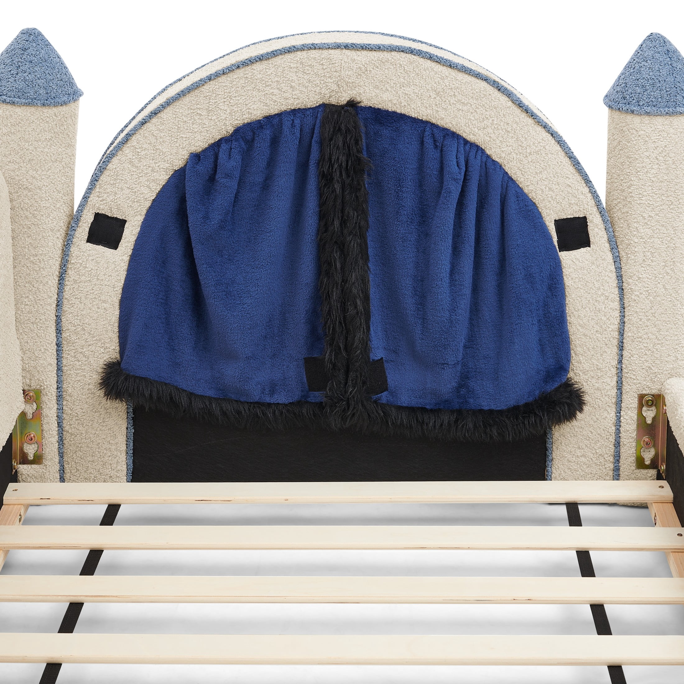 GDF Studio Solley Twin Size Castle Bed with Safety Guardrails, Curtain & Wood Frame, Boucle Upholstered Bed, Camel