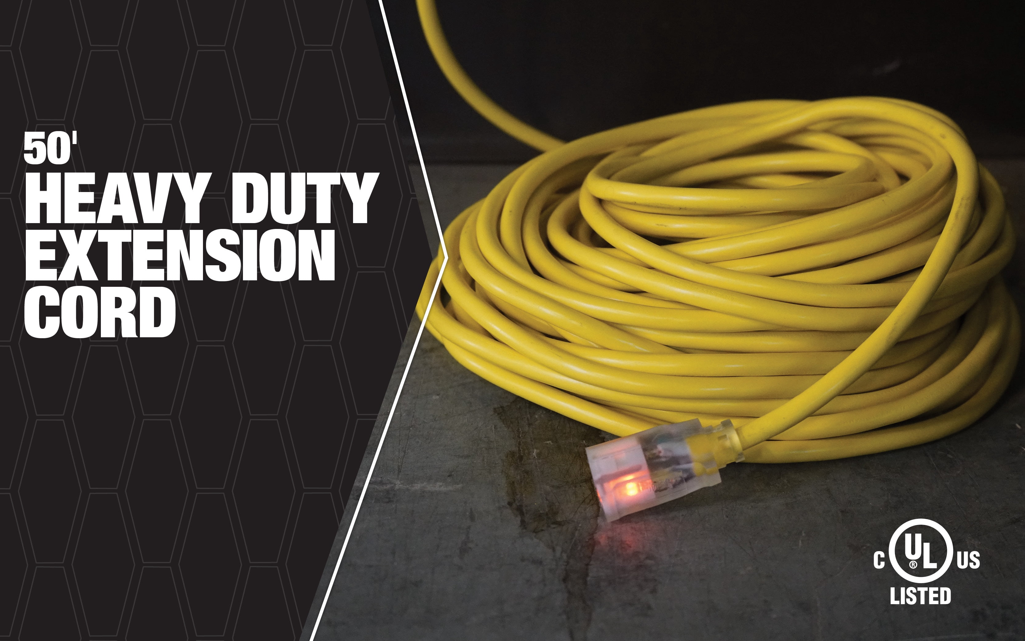 Woods 982554 12/3 50' Yellow SJTW High Visibility Extension Cord with Lighted Ends
