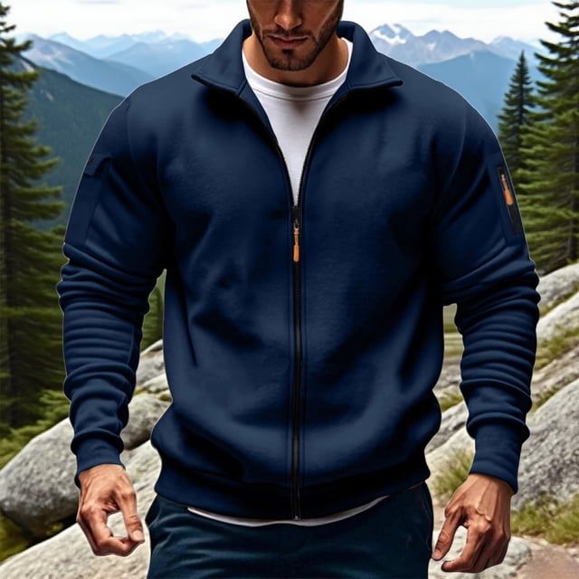 PEONAVET Mens Jacket Men's Solid Color Long Sleeved Stand-up Collar Zipper Fleece Thick Pocket Jacket
