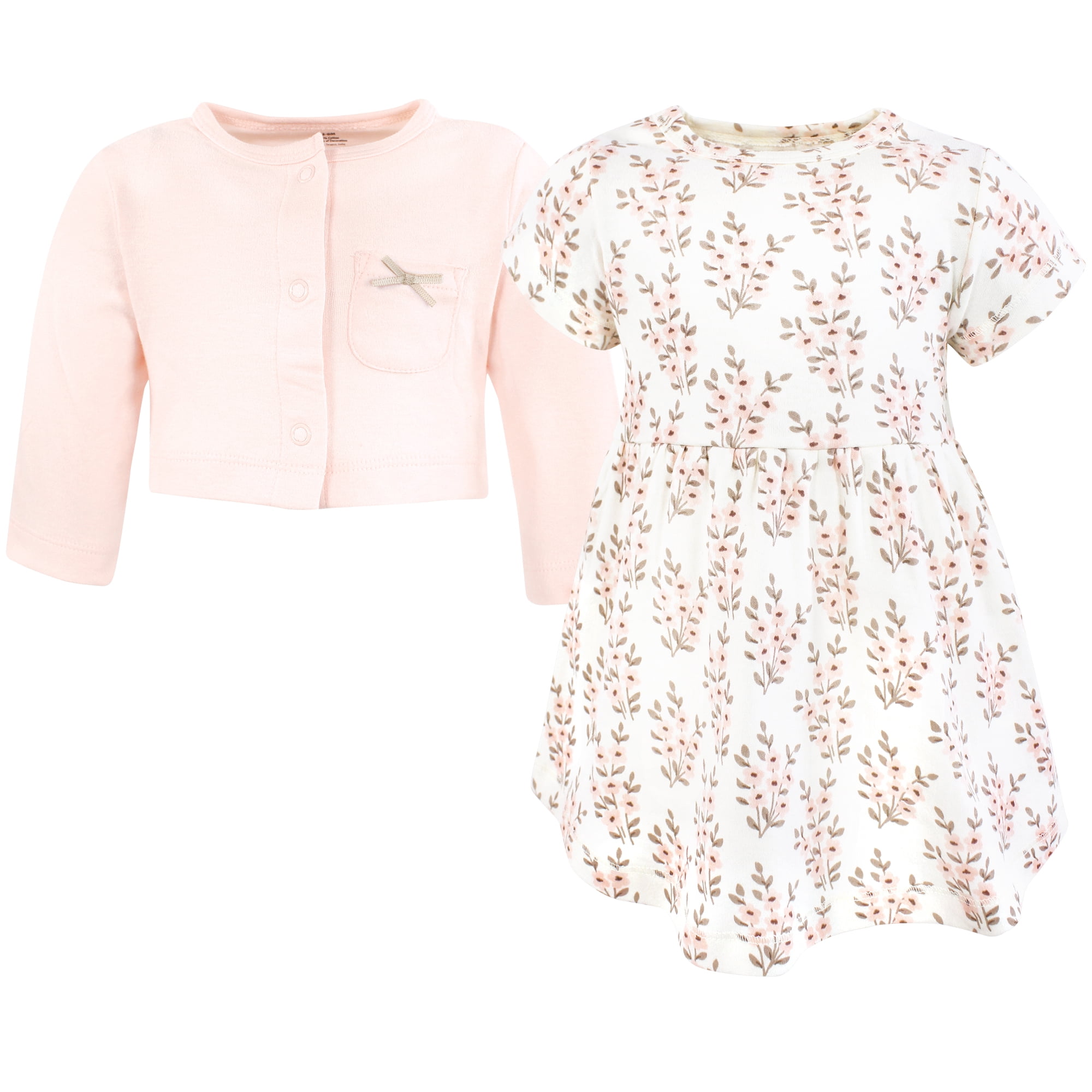Hudson Baby Infant and Toddler Girls Cotton Dress and Cardigan Set, Pink Taupe Floral, 4T